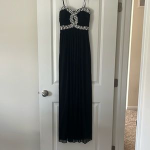 Strapless floor length black dress with gem detail